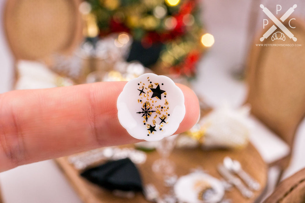 Dollhouse Miniature New Year's Eve Black and Gold Decorative Plates - Small - Set of 4 - 1:12 Dollhouse Miniature Holiday Plates