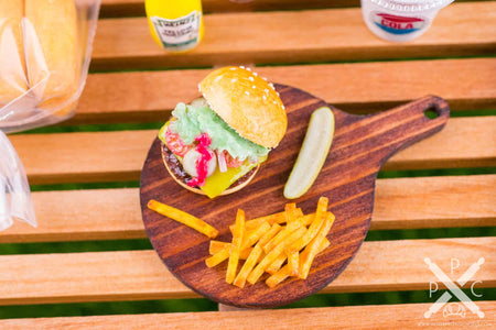 Dollhouse Miniature Open Cheeseburger, Fries and Pickle on Board - 1:12 Dollhouse Miniature Burger Set