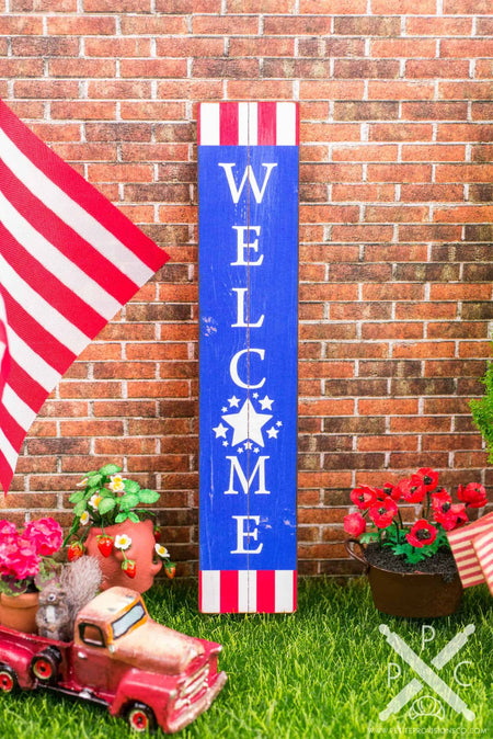 Dollhouse Miniature Farmhouse Patriotic Welcome Porch Sign - 4th of July Vertical Sign - 1:12 Dollhouse Miniature Porch Sign