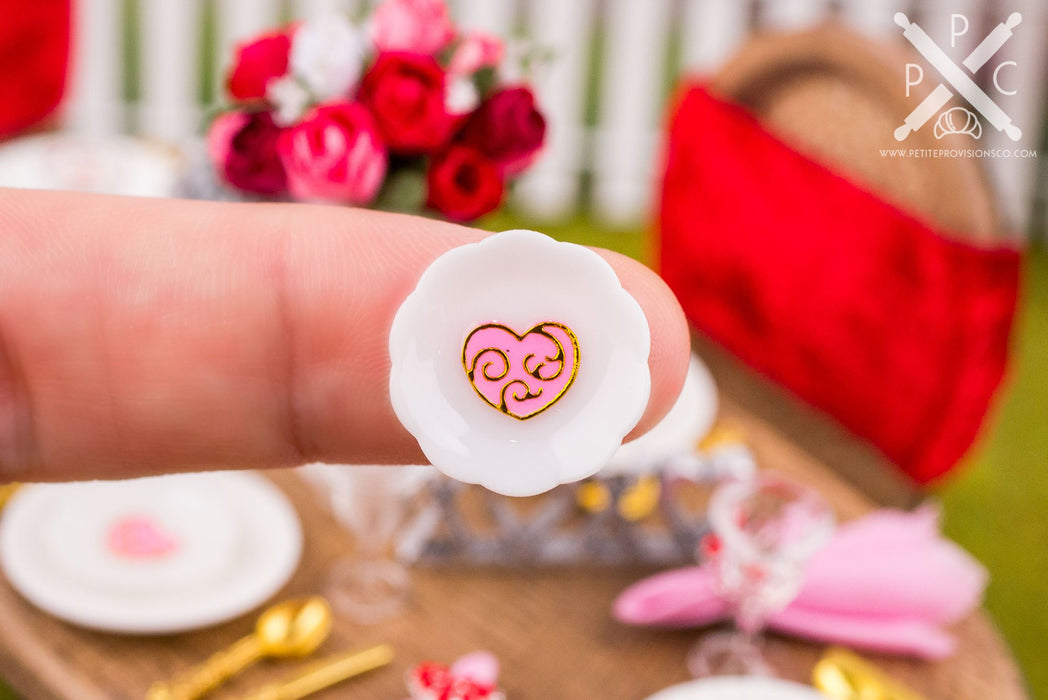 Dollhouse Miniature Valentine's Day Pink Hearts and Roses Decorative Plates - Small - Set of 4 - 1:12 Dollhouse Miniature Holiday Plates