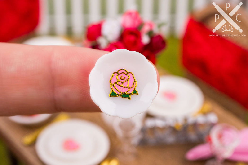 Dollhouse Miniature Valentine's Day Pink Hearts and Roses Decorative Plates - Small - Set of 4 - 1:12 Dollhouse Miniature Holiday Plates