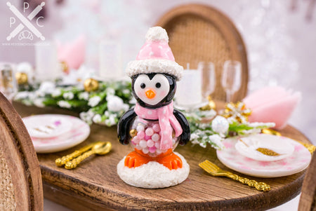 Dollhouse Miniature Pink Penguin Candy Jar - OOAK Christmas Collectible - 1:12 Dollhouse Miniature Christmas Decor