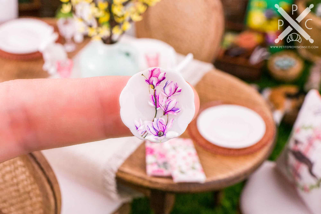 Dollhouse Miniature Pink and Purple Floral Decorative Plates - Large - Set of 4 - 1:12 Dollhouse Miniature Spring Plates