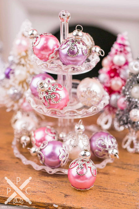 Dollhouse Miniature Elegant Pink, Purple and Ivory Christmas Ornaments - Set of 6 - 1:12 Dollhouse Miniature Ornaments