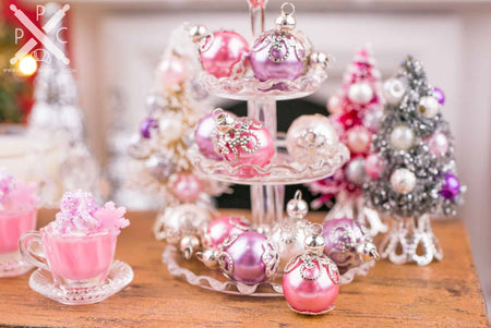 Dollhouse Miniature Elegant Pink, Purple and Ivory Christmas Ornaments - Set of 6 - 1:12 Dollhouse Miniature Ornaments