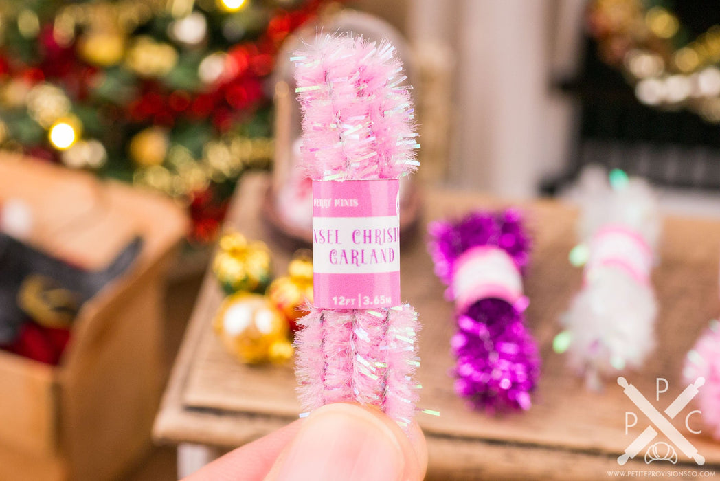 Dollhouse Miniature Pink White Purple Christmas Tinsel Garland Set - 1:12 Dollhouse Miniature Package of Tinsel Garland