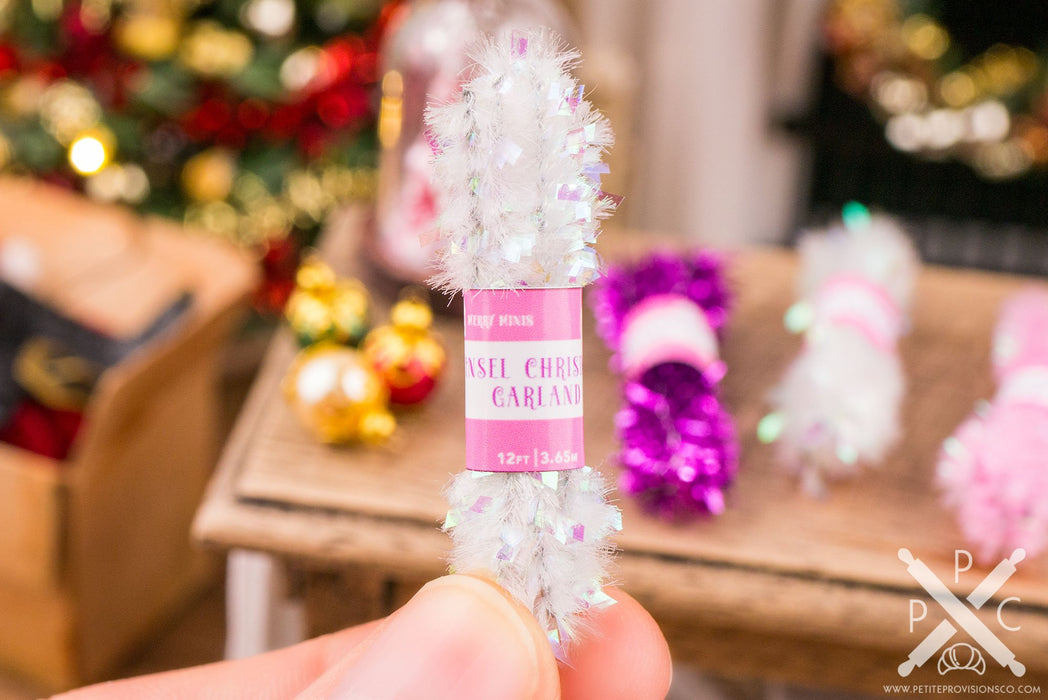 Dollhouse Miniature Pink White Purple Christmas Tinsel Garland Set - 1:12 Dollhouse Miniature Package of Tinsel Garland