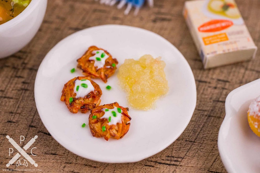 Dollhouse Miniature Potato Latkes with Applesauce - 1:12 Dollhouse Miniature Hanukkah Food - Miniature Potato Latkes