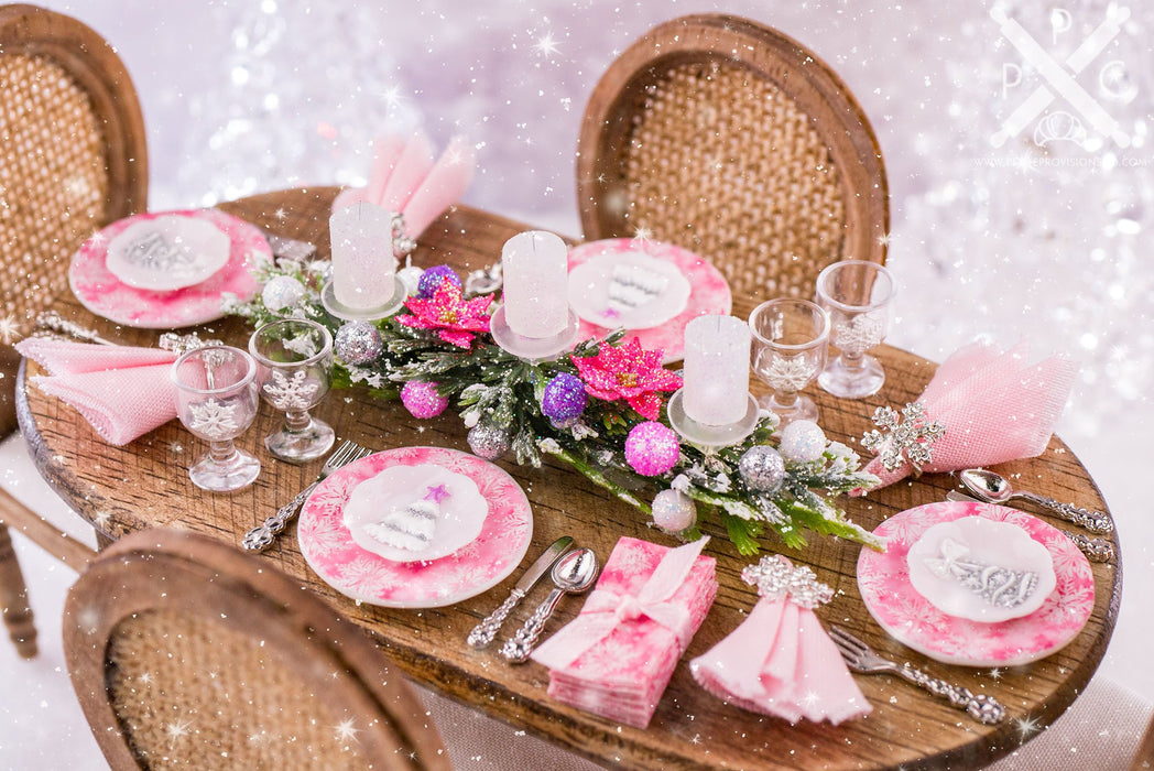 Dollhouse Miniature Pretty in Pink Christmas Table Setting for 4 - 1:12 Dollhouse Miniature Christmas Table in Pink and Silver