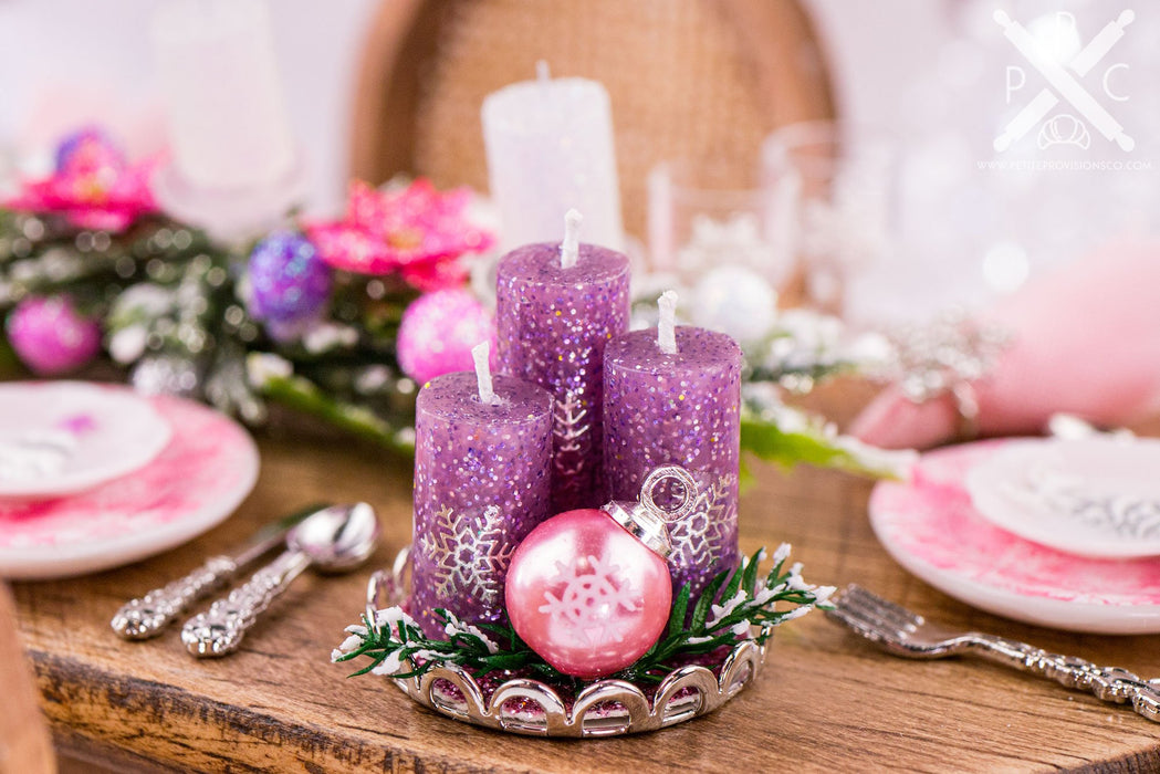 Dollhouse Miniature Purple and Pink Christmas Candle Centerpiece - 1:12 Dollhouse Miniature Christmas Candles