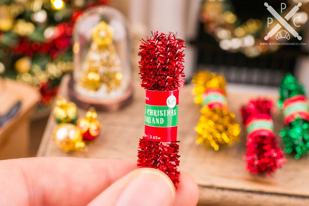 Dollhouse Miniature Red Green Gold Christmas Tinsel Garland Set - 1:12 Dollhouse Miniature Package of Tinsel Garland