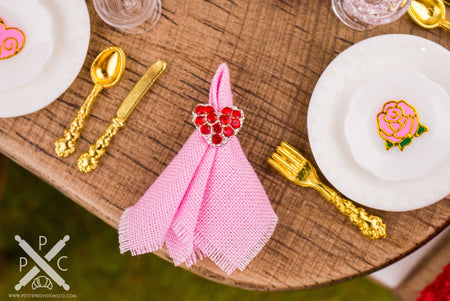 Dollhouse Miniature Valentine's Day Red Heart Napkin Rings and Pink Cloth Napkins - Set of 4 - 1:12 Dollhouse Miniature Holiday Napkins