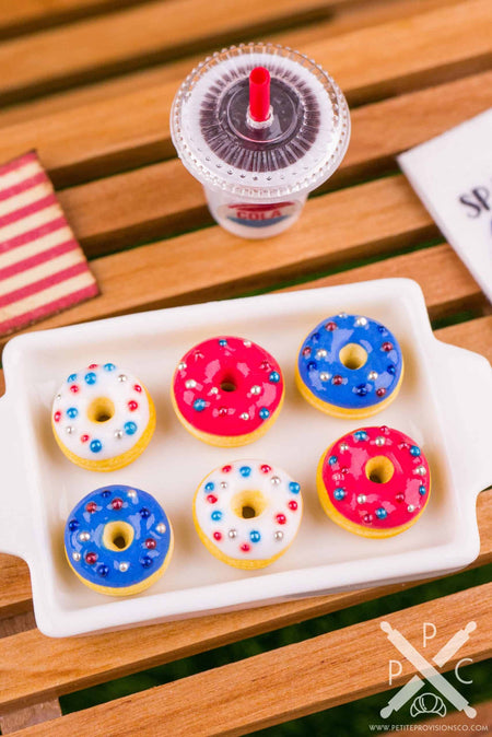 Dollhouse Miniature Red White and Blue 4th of July Doughnuts - Half Dozen Loose Doughnuts - 1:12 Dollhouse Miniature Doughnuts