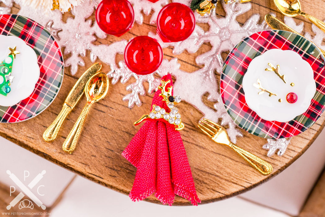 Dollhouse Miniature Christmas Gold Tree Napkin Rings & Red or Green Cloth Napkins - Set of 4 - 1:12 Dollhouse Miniature Christmas Napkins