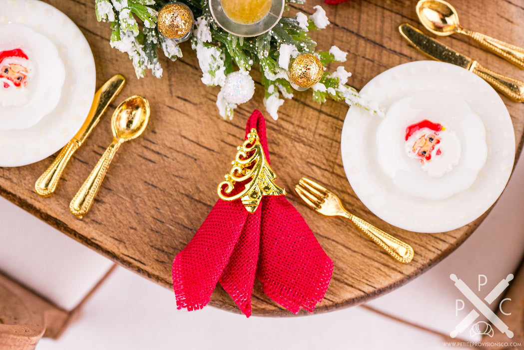 Dollhouse Miniature Christmas Gold Tree Napkin Rings and Scarlet Cloth Napkins - Set of 4 - 1:12 Dollhouse Miniature Christmas Napkins