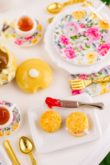 Dollhouse Miniature Scones with Strawberry Preserves and Clotted Cream