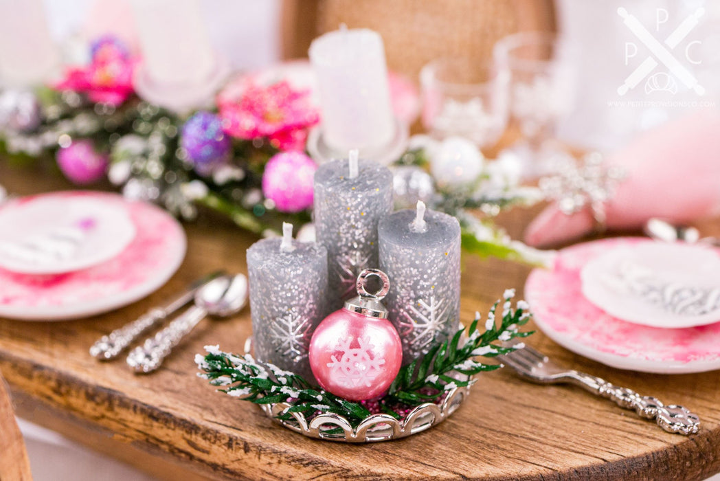 Dollhouse Miniature Silver and Pink Christmas Candle Centerpiece - 1:12 Dollhouse Miniature Christmas Candles