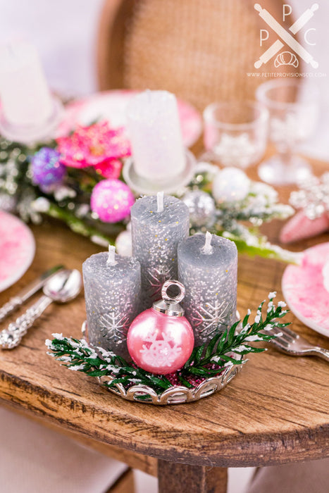 Silver and Pink Christmas Candle Centerpiece