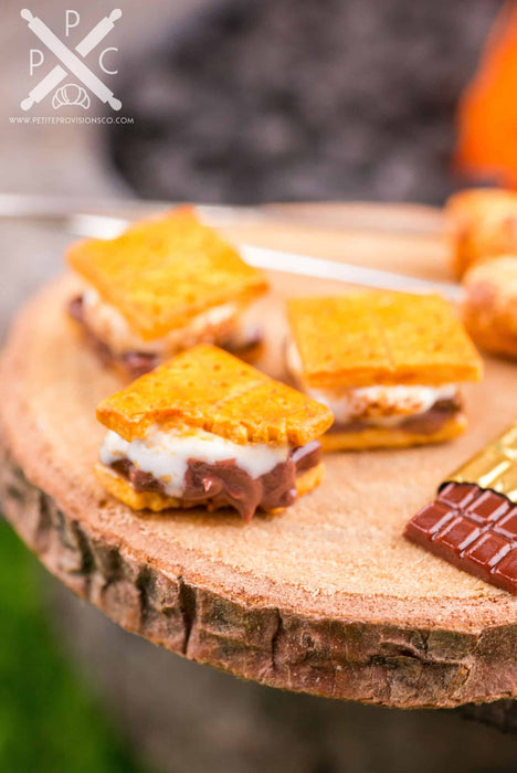 Dollhouse Miniature Autumn S'Mores Set on Rustic Wood Slab - 1:12 Dollhouse Miniature S'Mores