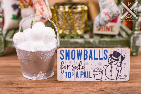 Dollhouse Miniature Pail of Snowballs and Snowballs for Sale Sign - 1:12 Dollhouse Miniature Christmas Decoration - Christmas Miniatures