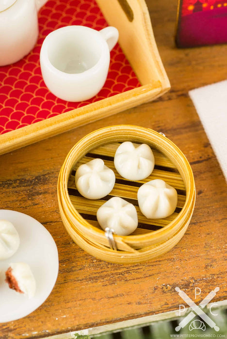 Dollhouse Miniature Chinese Steamed BBQ Pork Buns in Bamboo Steamer