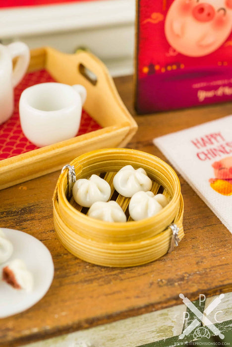 Dollhouse Miniature Chinese Steamed BBQ Pork Buns in Bamboo Steamer