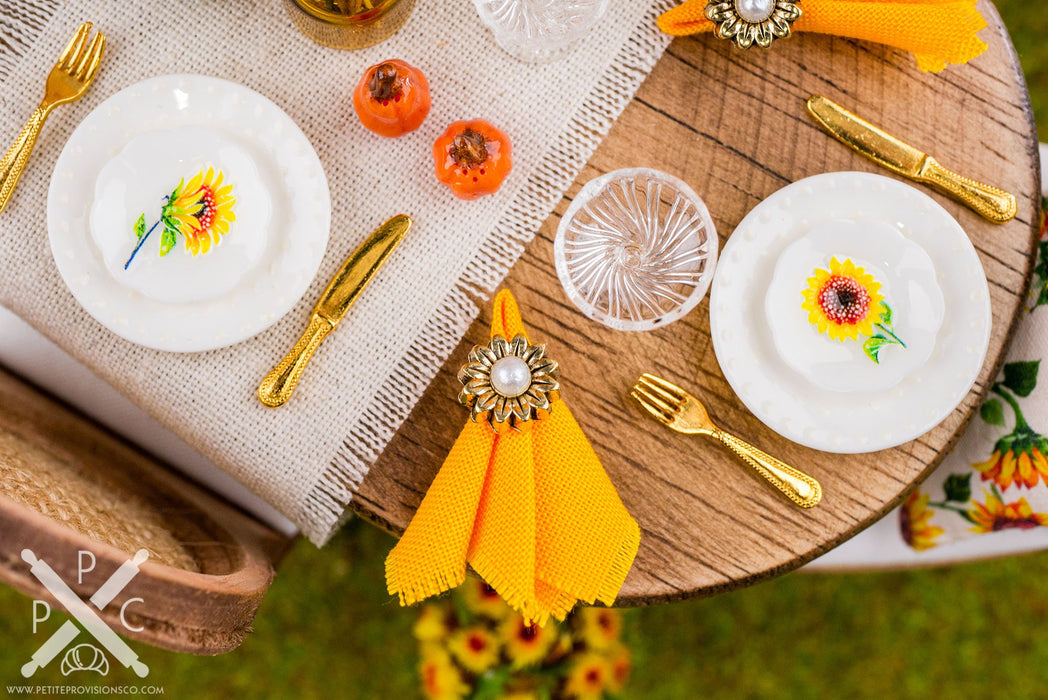 Dollhouse Miniature Gold Sunflower Napkin Rings and Cloth Napkins - Set of 4 - 1:12 Dollhouse Miniature Autumn Napkins