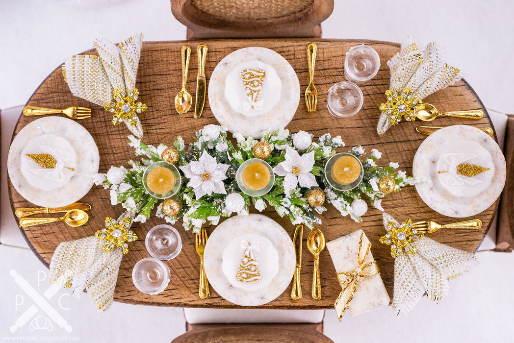 Glittering Gold and White Christmas Table Setting for 4