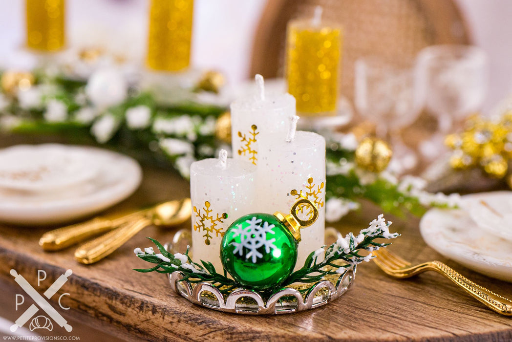 Dollhouse Miniature White and Green Christmas Candle Centerpiece - 1:12 Dollhouse Miniature Christmas Candles