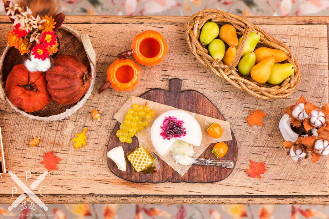 Dollhouse Miniature Autumn Pumpkin Cheese Board with Fruit and Brie - 1:12 Dollhouse Miniature Cheese Board