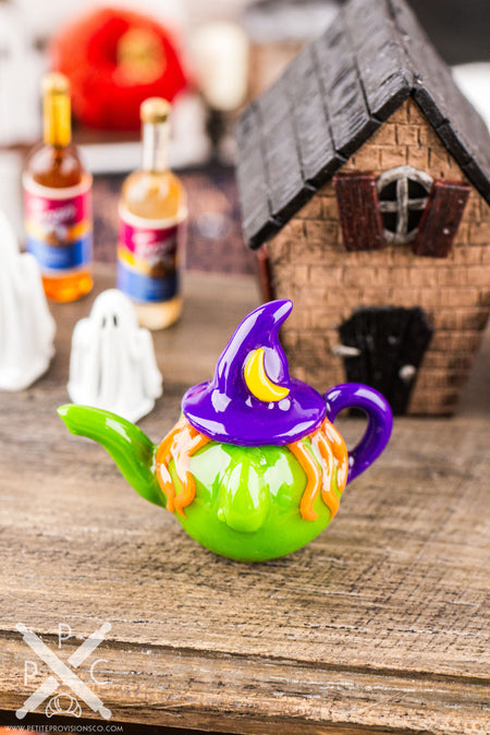 Handmade 1:12 scale Witch Teapot miniature, alternate product view.